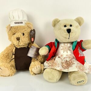 2x Teddy Bear Plush STARBUCKS 2017 Bearista Holiday Gund GODIVA Chocolate CHEF